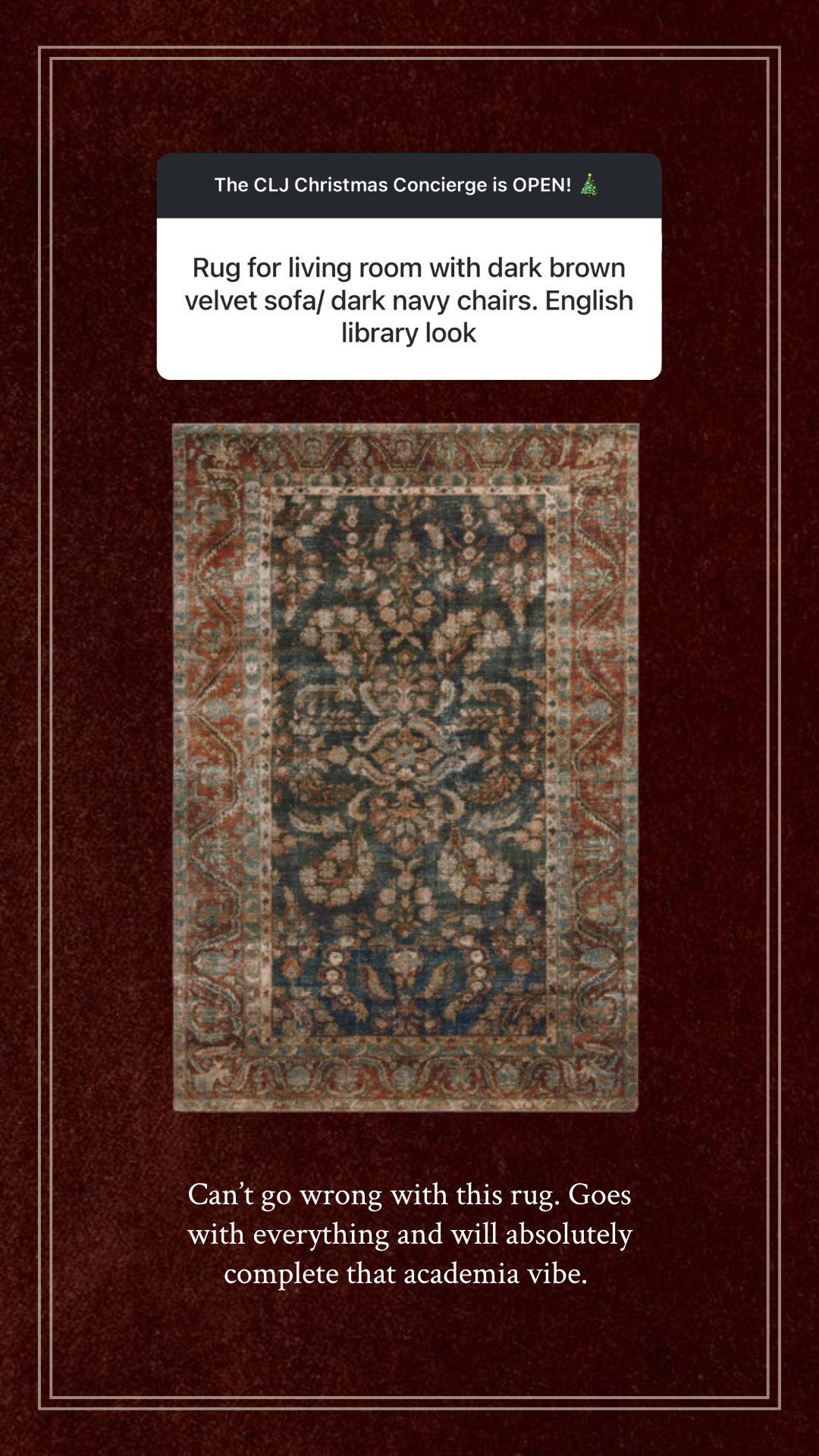 CLJ Christmas Concierge: Living room rug for an English library look. The Jules Ocean/Spice is back in stock and under $200 for an 8x10! 

 #LTKCyberWeek #LTKHome #LTKSaleAlert