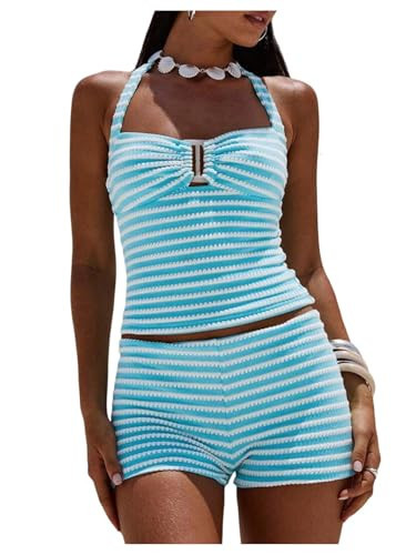 Amazon.com: MakeMeChic Women's Summer 2 Piece Sets Striped Knit Halter Tank Tops Mini Shorts Set ... | Amazon (US)