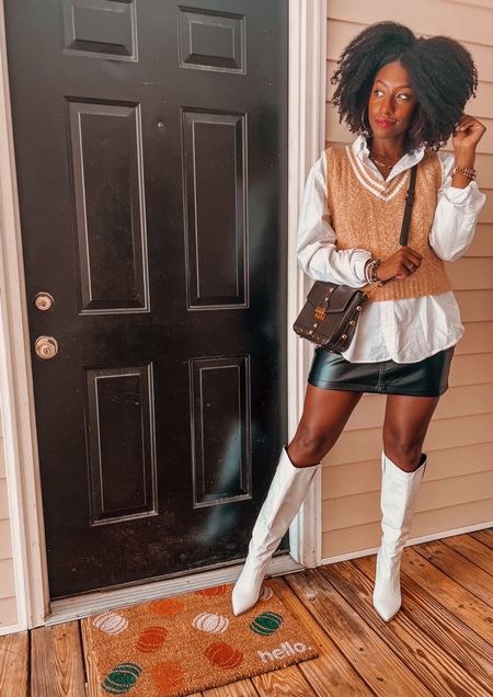 Fall outfit - wearing a size 9 in boots and fits true to size 

Sweater vest, Amazon shoes, Amazon fashion, Amazon top, faux leather skirt, Amazon Jewlery, fall outfit ideas, target 

#LTKstyletip #LTKshoecrush #LTKunder50