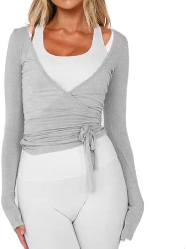 Women Wrap Tie Top Y2k Long SLeeve Ballet Workout Yoga Shirt Coquette Blouses | Amazon (US)