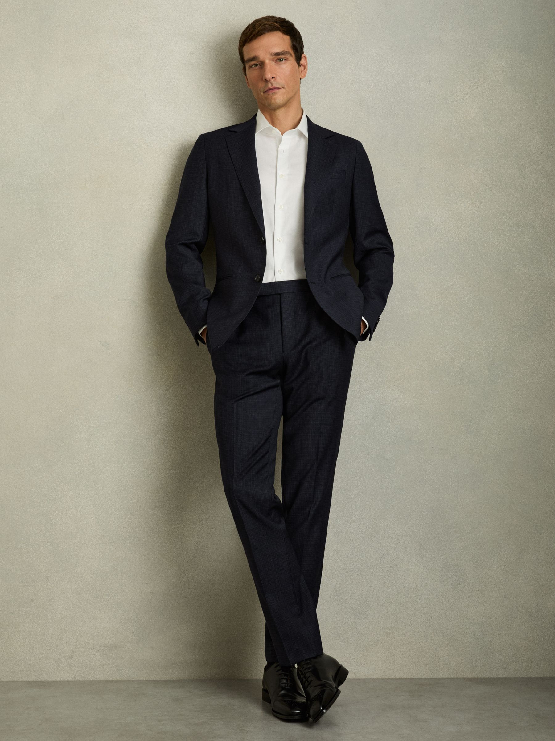 Wool-Blend Textured Tailored Trousers in Navy | Reiss UK