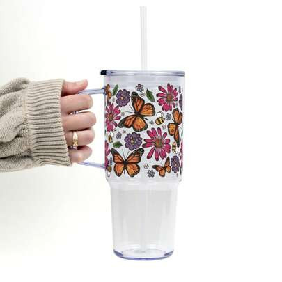 Sip Sip Hooray Design Butterfly Garden 40oz Glass Or Plastic Tumbler With Lid And Straw, Wildflower Garden, Glass Can Cup, Spring, Butterflies, Garden | SHEIN
