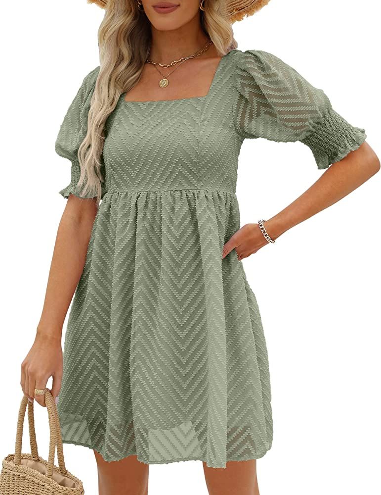 WEESO Womens Summer Puff Sleeve Square Neck Empire Waist Babydoll Dresses XXS-2XL | Amazon (US)