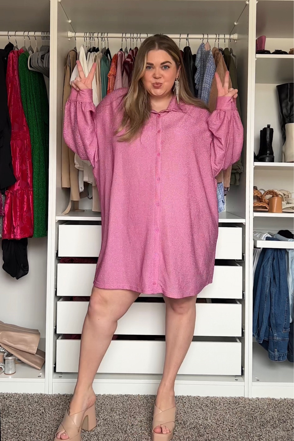 evolving shirt dress pink Linen Three Quarter Sleeve Maxi Shirt Dress - Blossom Pink