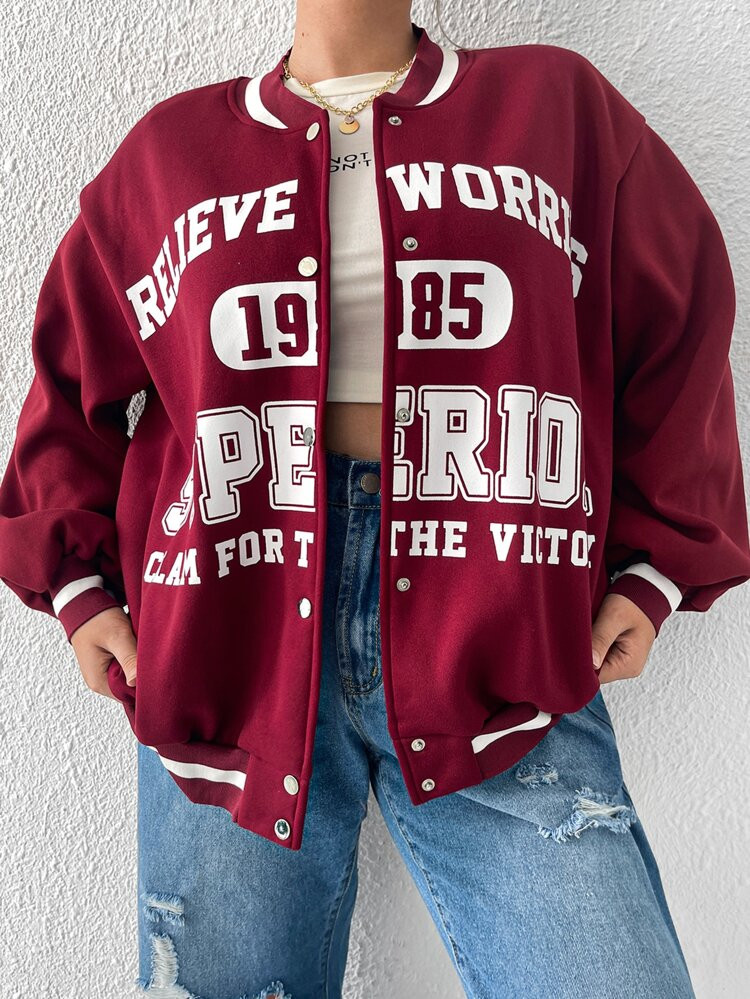 Plus Letter Graphic Drop Shoulder Striped Trim Varsity Jacket | SHEIN