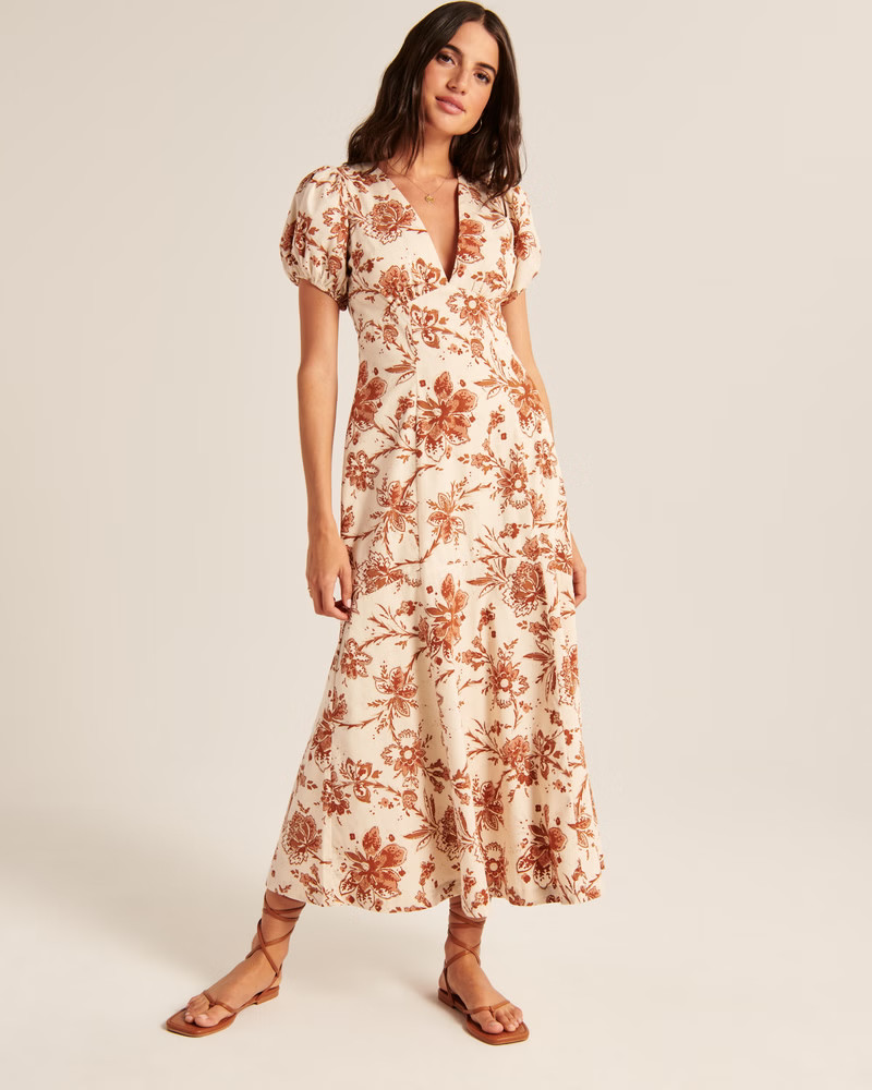 Women's Puff Sleeve Slim Poplin Midi Dress | Women's Dresses & Jumpsuits | Abercrombie.com | Abercrombie & Fitch (US)