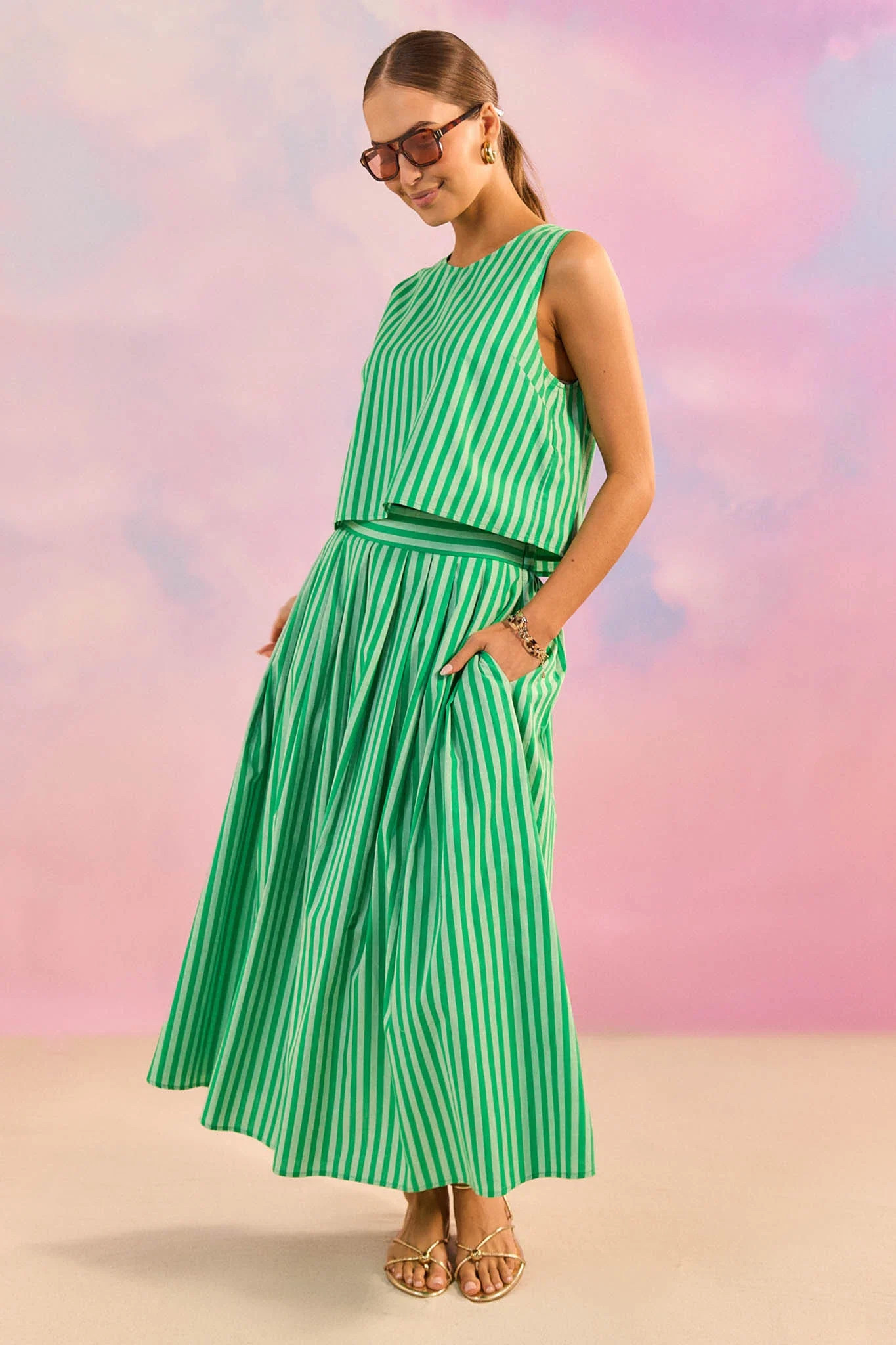 Claire Green Striped Midi Skirt | Avara