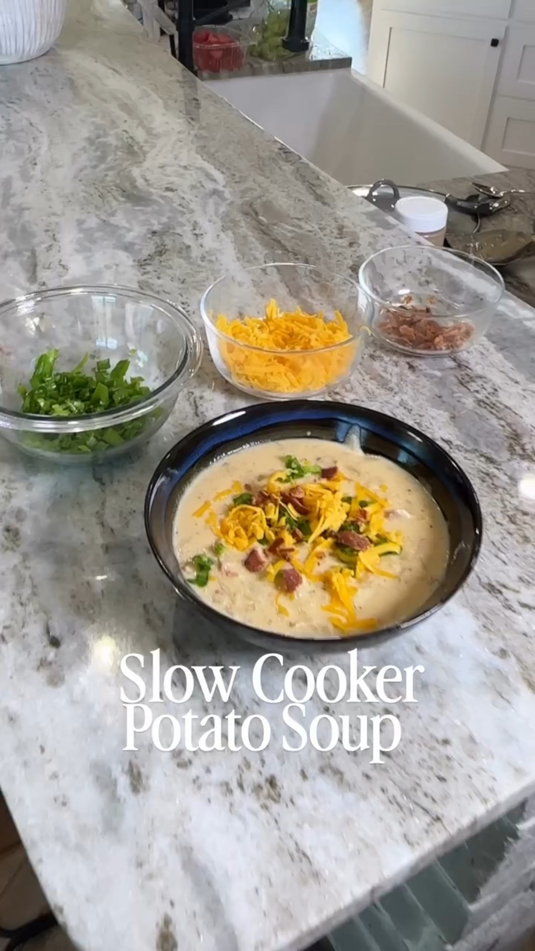 Slow Cooker Potato Soup 
The ultimate cozy, creamy comfort food! 😋 

Ingredients:
	•	6 slices bacon, diced
	•	3–4 cups chicken or veggie stock
	•	2 lbs Yukon gold potatoes, diced
	•	1 onion, diced
	•	4 Tbsp butter
	•	⅓ cup flour
	•	1 can (12 oz) evaporated milk
	•	1 cup sharp cheddar cheese
	•	½ cup Greek yogurt or sour cream
	•	Salt + pepper to taste
	•	Toppings: green onions, cheese, bacon

Directions:
1️⃣ Add bacon, broth, potatoes + onion to slow cooker. Cook LOW 6–8 hrs (or HIGH 3–4 hrs).
2️⃣ In saucepan, whisk butter + flour, then add milk until thick.
3️⃣ Stir into slow cooker with cheese + yogurt. Season to taste.
4️⃣ Mash potatoes for thicker soup if desired.
5️⃣ Serve with toppings + enjoy!

👉 Save this for your next cozy night in!

#slowcookerrecipes #cozymeals #familydinnerideas #easydinnerideas #momhack #cozyfarmhouse #kitchenrecipes