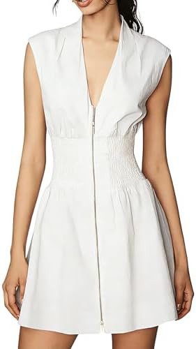 Women’s V Neck Summer Dress Cap Sleeve Zipper Mini Dress Smocked Slit Dress with Pockets | Amazon (US)