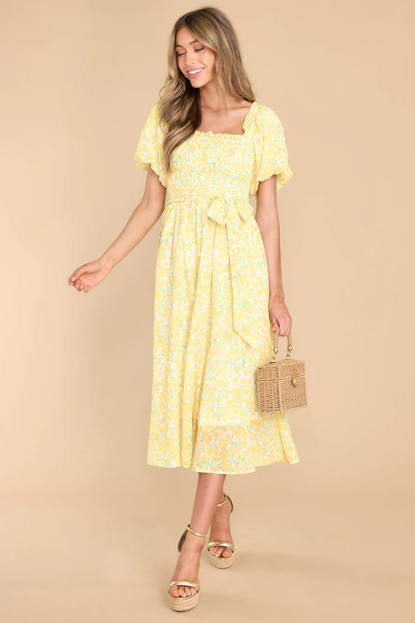 Grow Freely Yellow Floral Print Midi Dress | Red Dress 