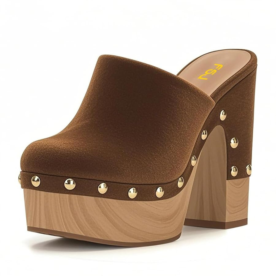 FSJ Women Closed Round Toe Mules High Chunky Heeled Sandals Slip On Platform Wooden Clogs Studs C... | Amazon (US)