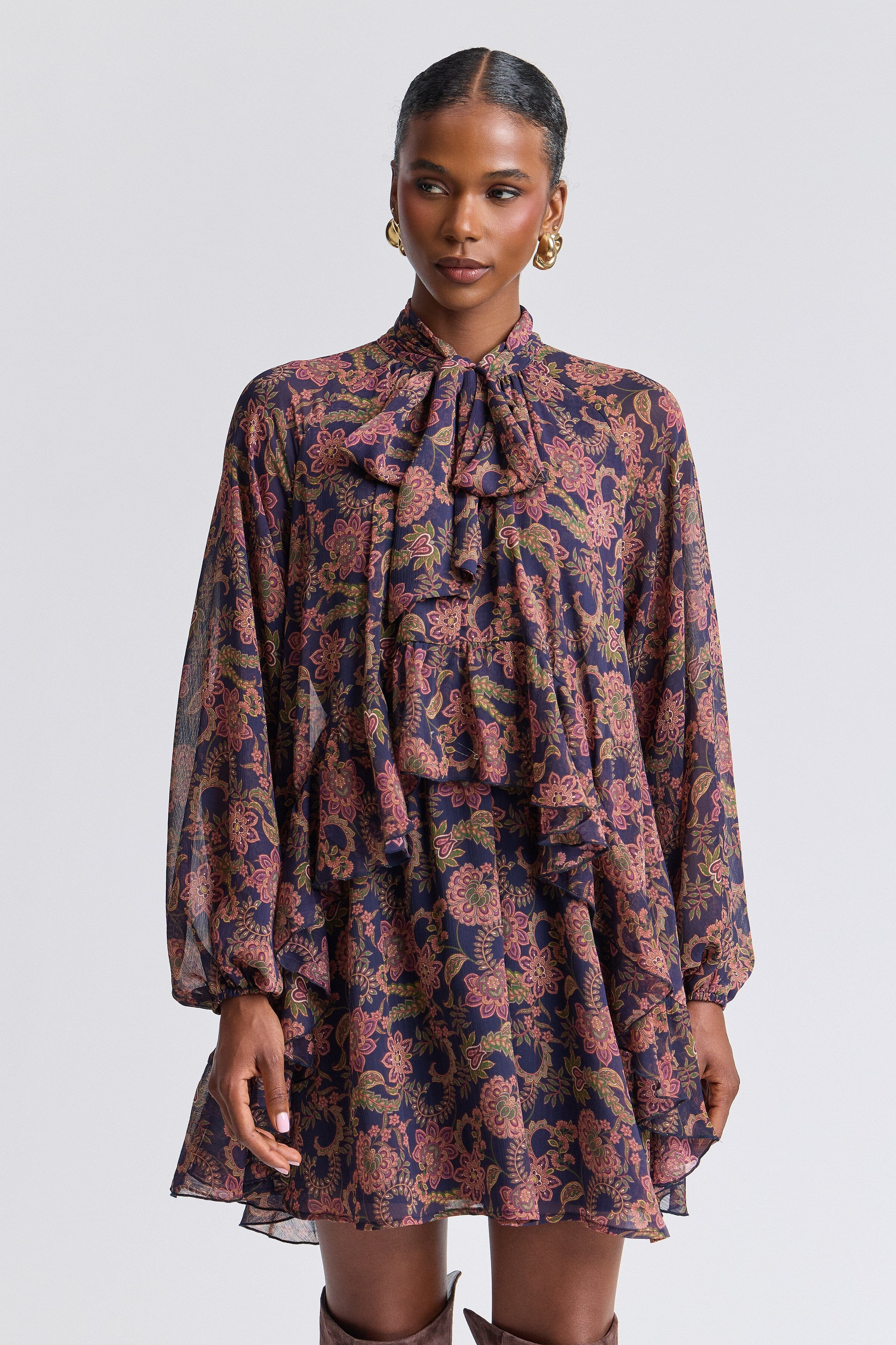 Paisley Chiffon Ruffle Mini Dress | Avec Les Filles