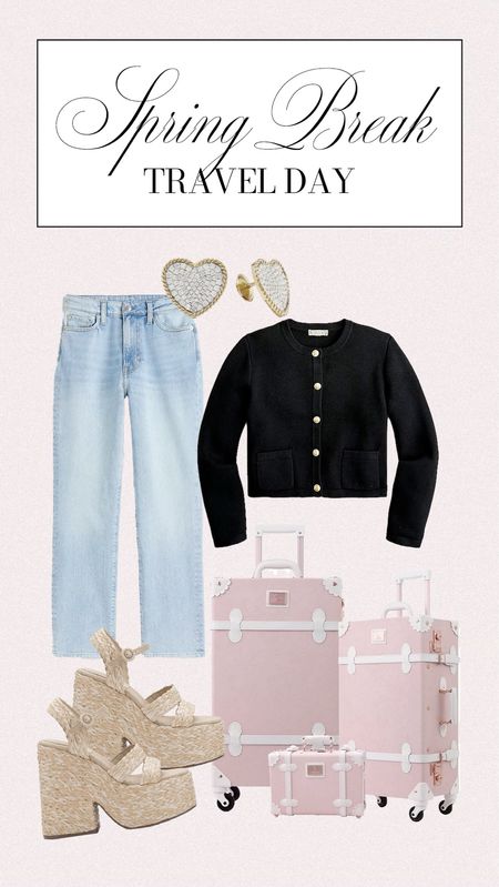 What to wear on your travel day out of town for spring break! Easy lady jacket with jeans, cute platforms and the chicest luggage (from Amazon!)

#LTKFind #LTKtravel #LTKstyletip