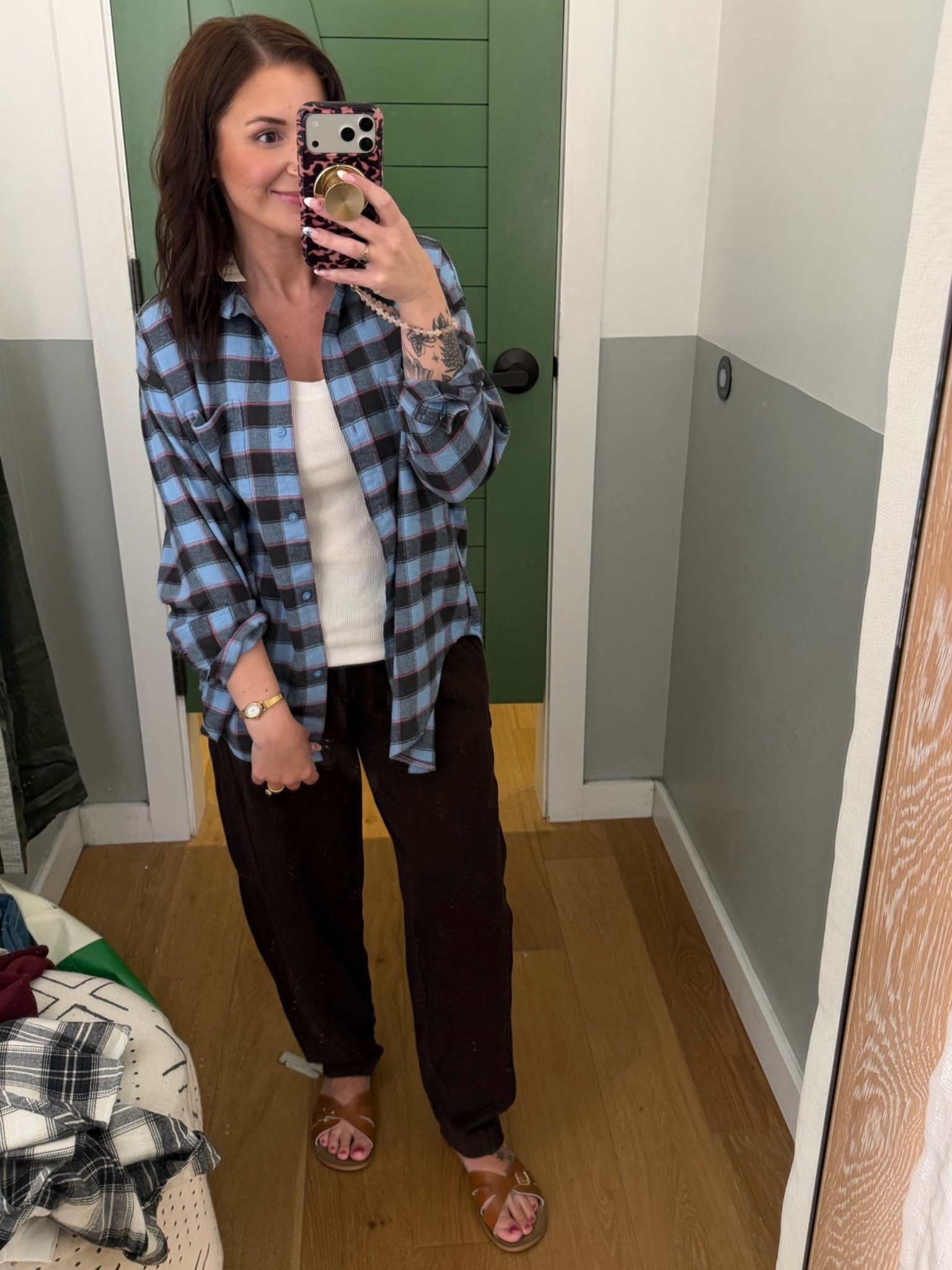 Aerie!
Obsessed with this flannel 
Size xxs. Runs super oversized
Bottoms size XS

#LTKPetite