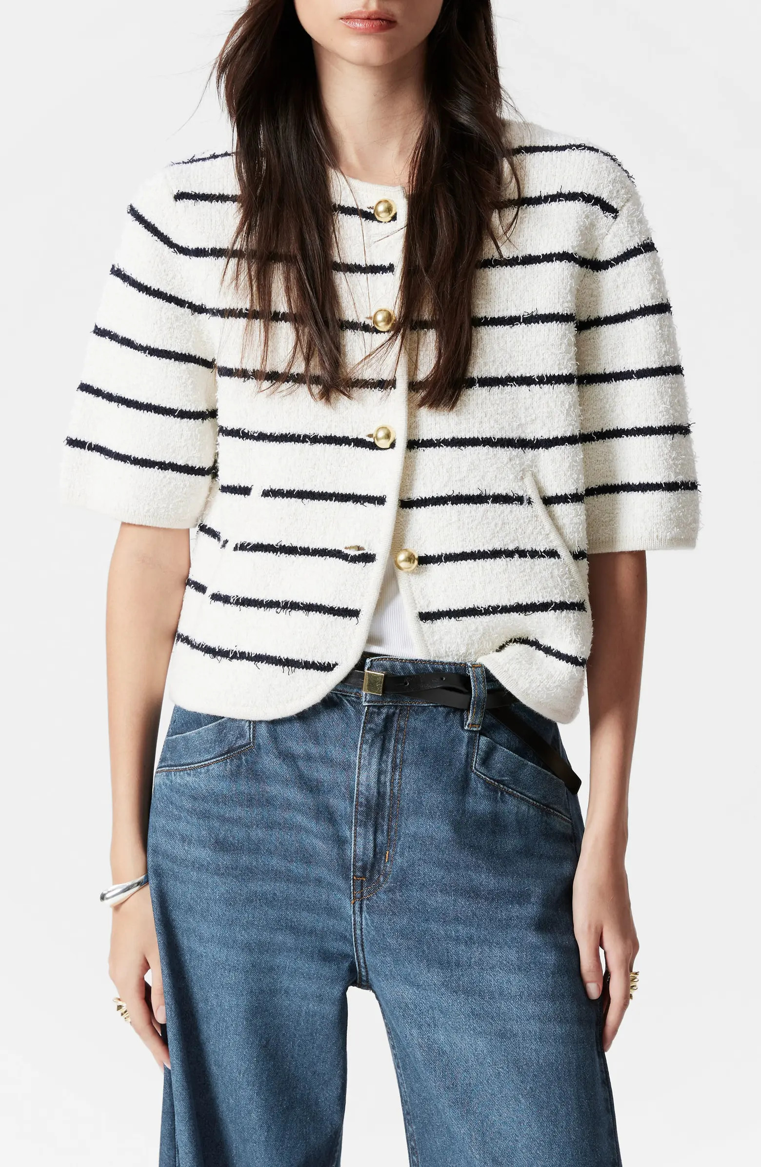 & Other Stories Stacy Stripe Short Sleeve Cotton & Wool Blend Cardigan | Nordstrom | Nordstrom