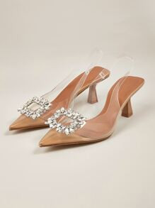 Glamorous Slingback Pumps For Women, Rhinestone Decor Point Toe PVC Kitten Heeled Pumps | SHEIN