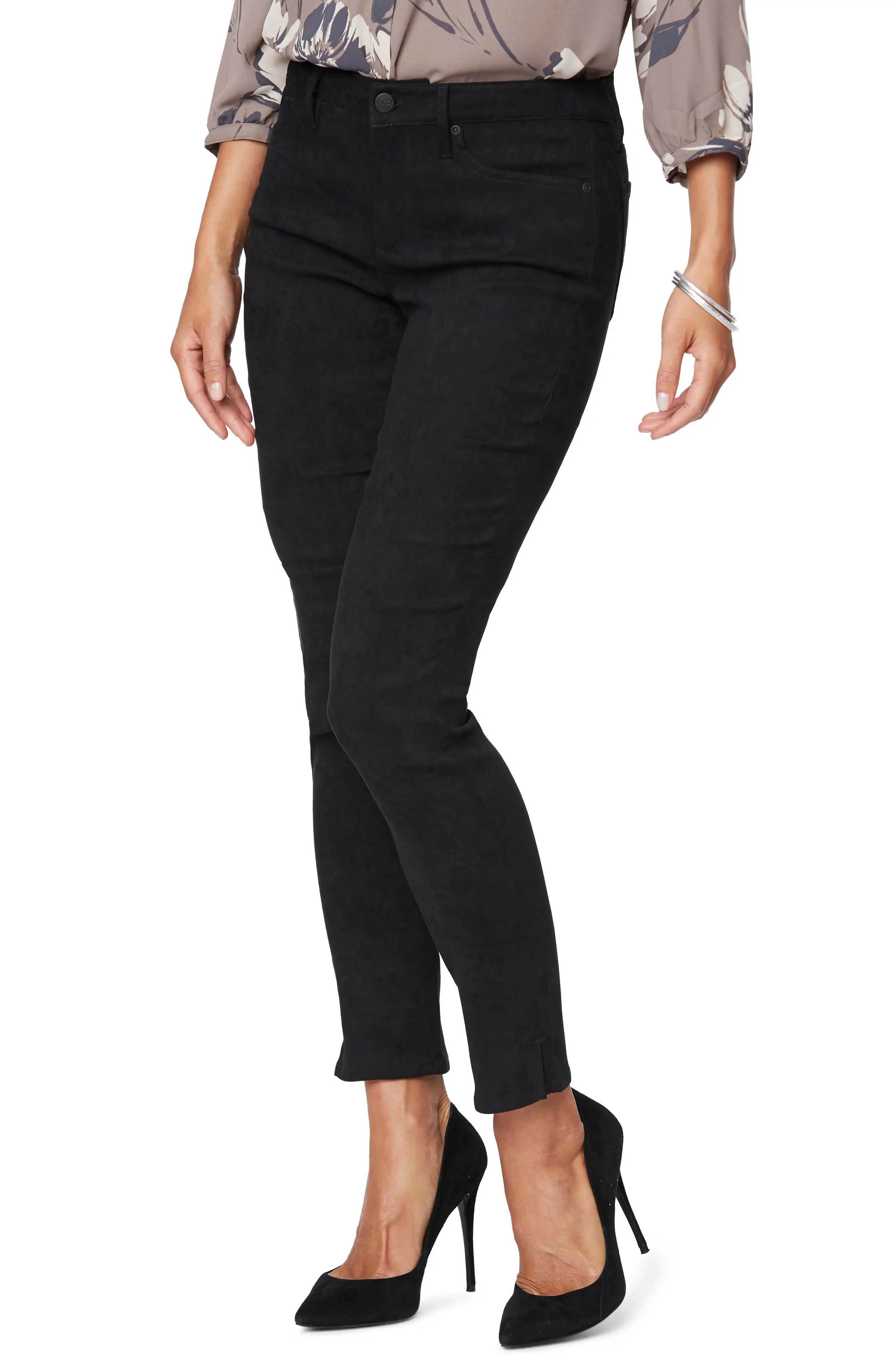 Petite Women's Nydj Alina Split Hem Faux Suede Ankle Skinny Jeans, Size 18P - Black | Nordstrom