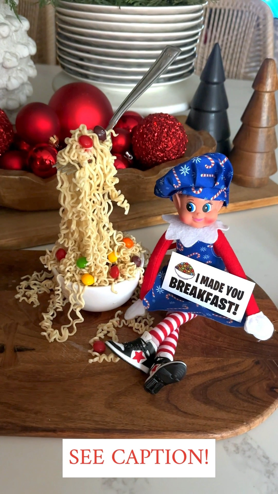 Magic floating fork elf idea:
Supplies needed:
ramen, two wooden skewers, a fork, a small bowl, skittles, and an apple, potato or lemon….something to secure your wooden sticks
Instructions:
Cut your apple/potato/lemon in half and place it in your small bowl with the flat side down.  
Stick the pointy ends of your wooden skewers into the fruit/veggie until they seem secure.  If you get the skewers from Walmart, you will want to cut them a little shorter. The ones from our kit are a good length for this! 
Place the wooden sticks into 2 of the spaces between the prongs on your fork, at an angle.  Push the wooden sticks into the space until it feels secure and the fork can “float” there on its own.  
Prepare the Ramen per the package instructions….I just did the microwave for a couple of minutes.  Try not to break the noodles up!
Place the ramen over the fork and in the bowl so that the apple and sticks are hidden.  
Place skittles in the noodles. 
Place the “I made you breakfast” card in your elf’s lap if you have it from our kit! 

Breakfast is served!!
.


#LTKHoliday #LTKfoodie #LTKKids