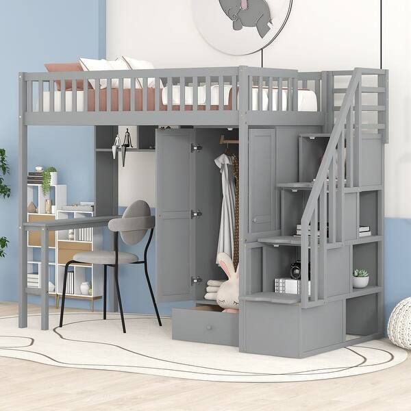 Stairway Twin/Full Size Loft Bed with Desk and Wardrobe, Solid Wood Bunk Bed Frame with Bookshelf... | Bed Bath & Beyond
