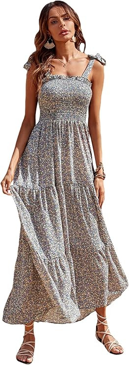 Floerns Women's Summer Boho Floral Print Tie Strap A Line Long Maxi Dress | Amazon (US)