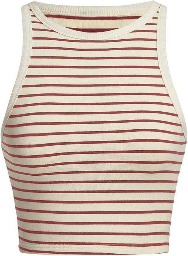 MakeMeChic Women's Casual Crew Neck Striped Tank Top Sleeveless Crop Top Slim Fitted Summer Vest | Amazon (US)