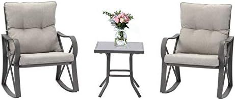 SUNBURY Outdoor Furniture 3-Piece Rocking Chair Set w Warm Gray Cushion, Tempered Glass Table - E... | Amazon (US)