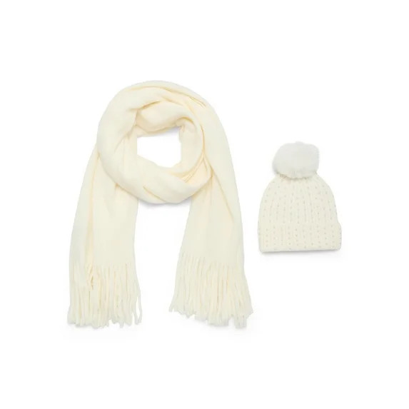 Madden NYC Women's Embellished Beanie Hat and Scarf Gift Set, 2-Piece, Ivory | Walmart (US)