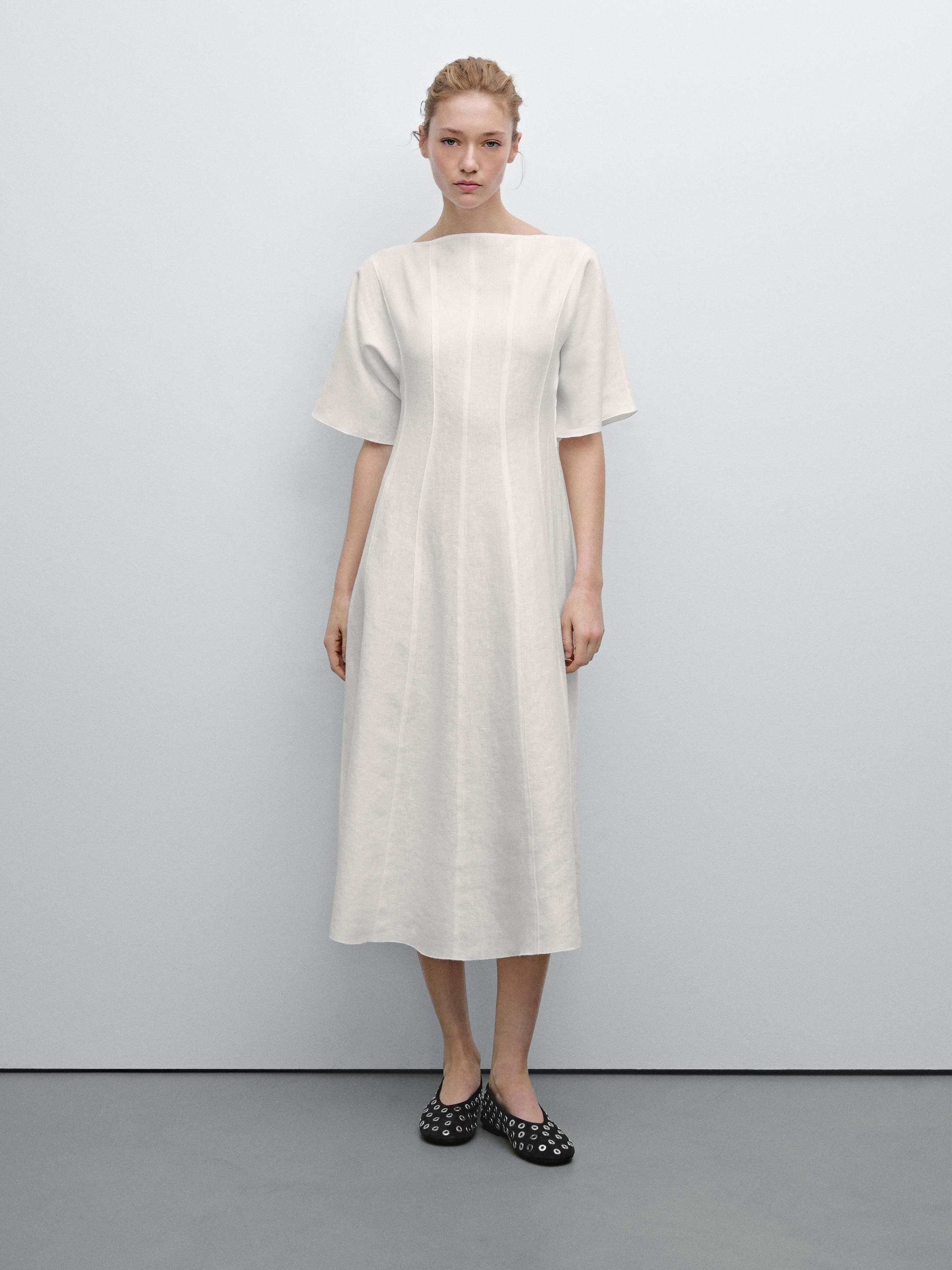 100% linen midi dress with seams | Massimo Dutti US