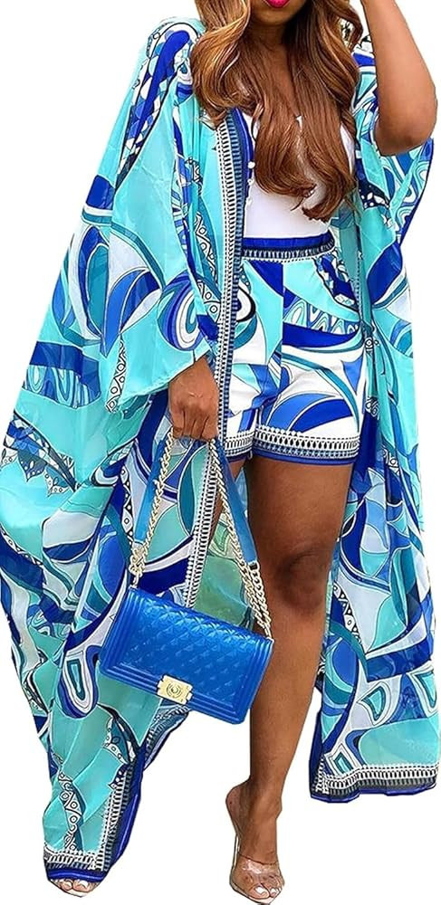 QegarTop Kimono Shorts Set for Women Two Piece Summer Vacation Outfits Flowy Beach Cover up Duste... | Amazon (US)