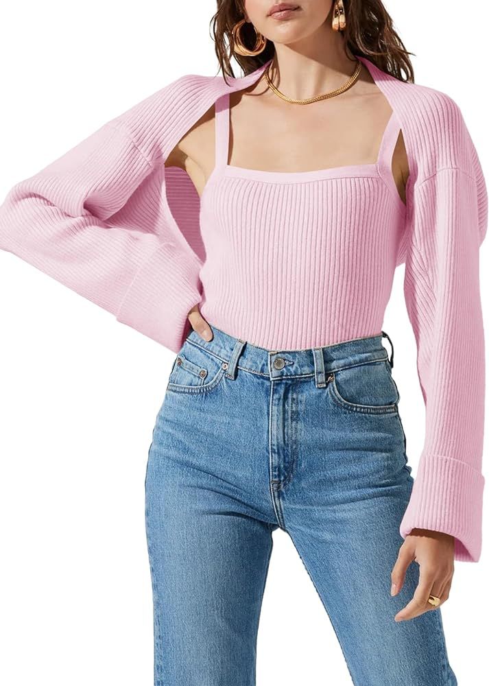 Saodimallsu Womens 2 Piece Sweater Sets Long Sleeve Y2k Cropped Cardigan Shrug with Ribbed Spaghe... | Amazon (US)