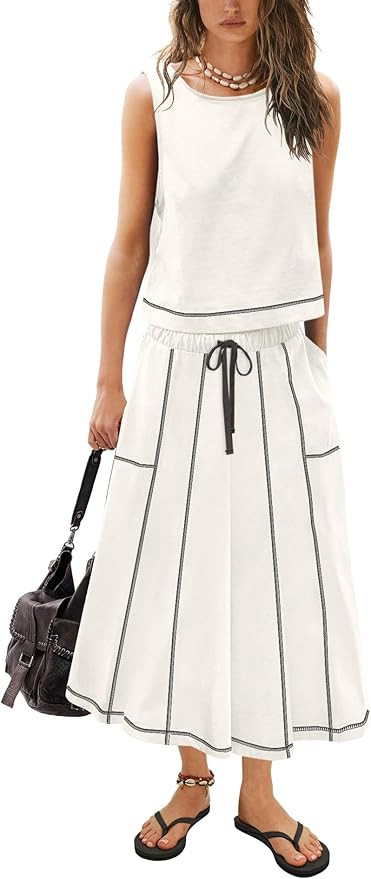 Yanekop Womens Skirt Sets 2 Piece Outfits Casual Summer Sets Vacation Matching Lounge Set Midi Sk... | Amazon (US)