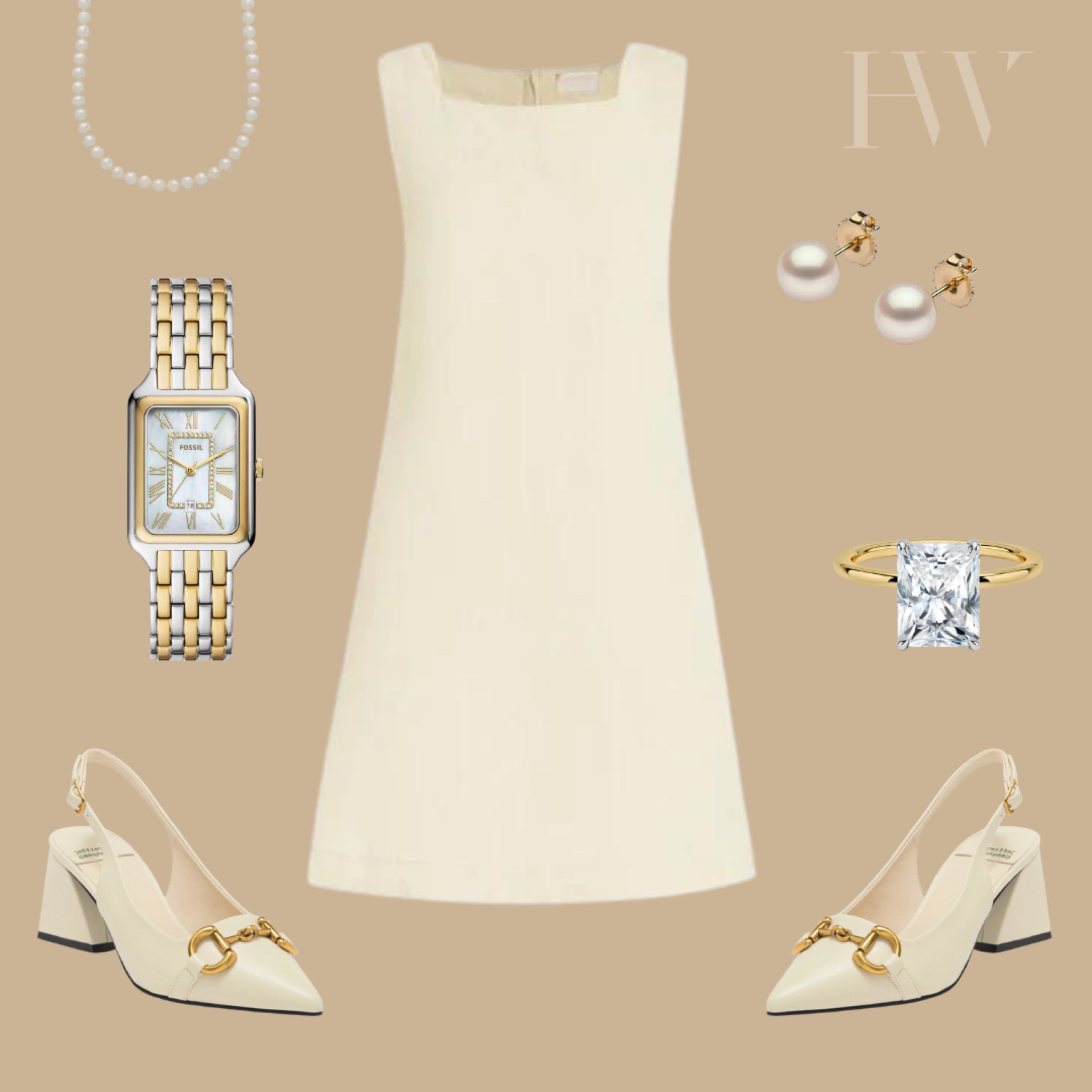 It’s engagement shoot szn 📸 

Here’s what to wear 👇 

- Classy and timeless A-line dress in white or off white 
-White loafers or pointed heels 
- Timeless watch or elegant timepiece 
-Pearl studs and a pearl strand, a true classic! 

Jackie O style, minimalistic style, neutral style, pearls as accessories, white heels, housewife 