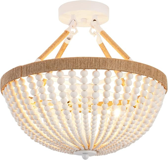 ELYCCUPA Wood Beaded Mini Chandelier Farmhouse Bohemia Semi Flush Mount Ceiling Light Rustic 3-Li... | Amazon (US)
