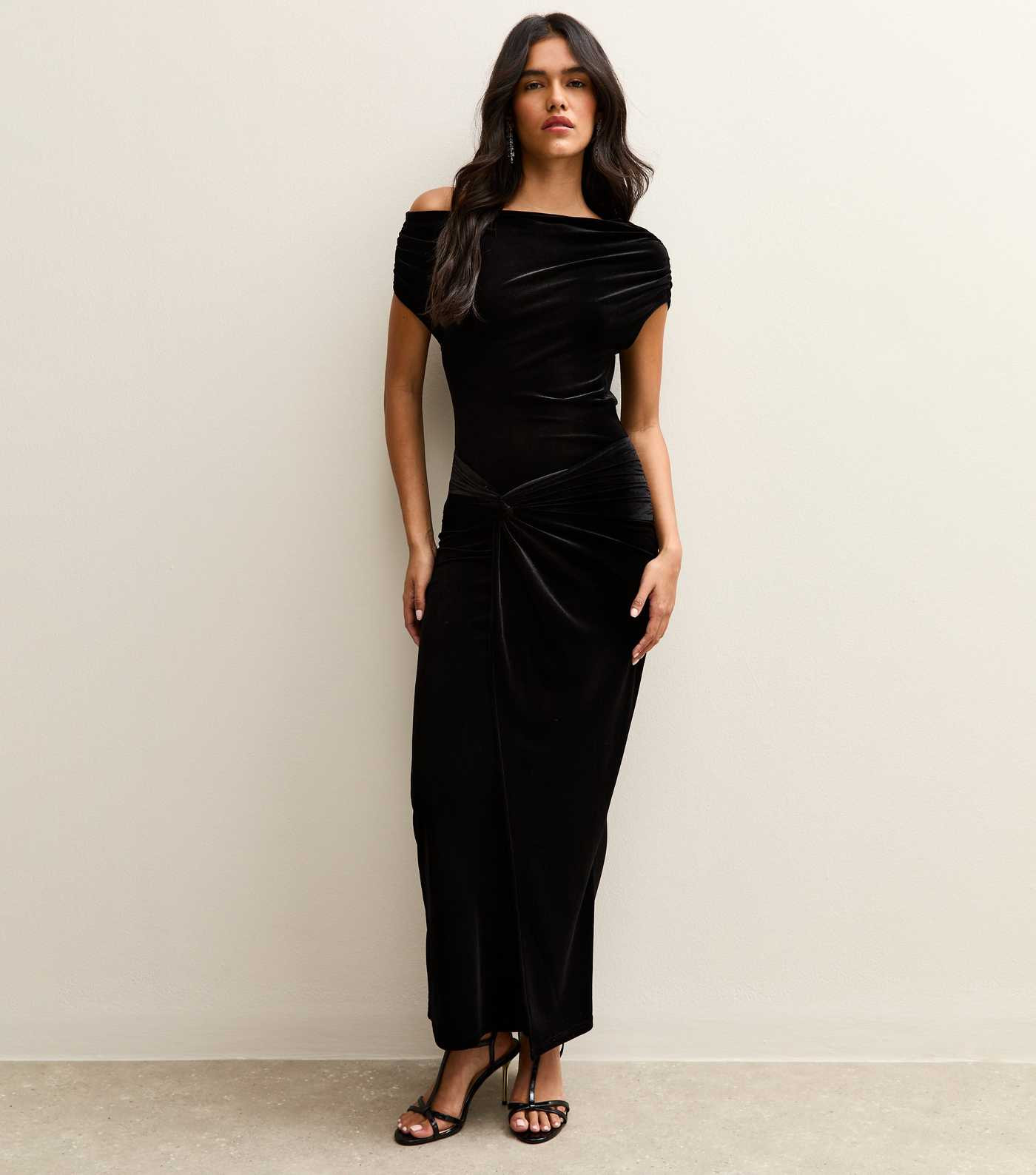 Black Velvet Off The Shoulder Knot Waist Maxi Dress | New Look | New Look (UK)