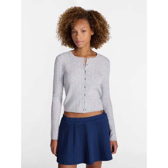 No Boundaries Cable Knit Crewneck Cardigan, Women's XXS-4X | Walmart (US)