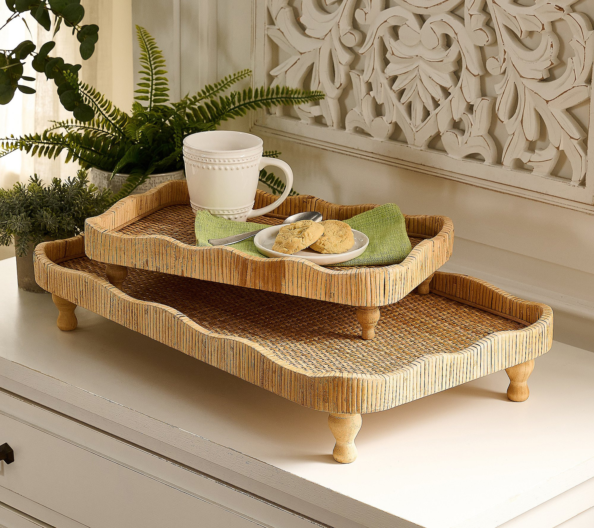 Mrs. H Set of 2 Large and Small Rattan Trays | QVC