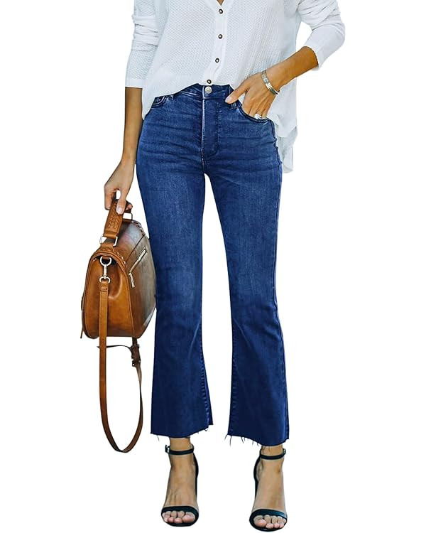 Flare Jeans for Women Cropped Stretchy Mid Rise Bell Bottom Jeans Womens Crop Flare Jeans with Ra... | Amazon (US)