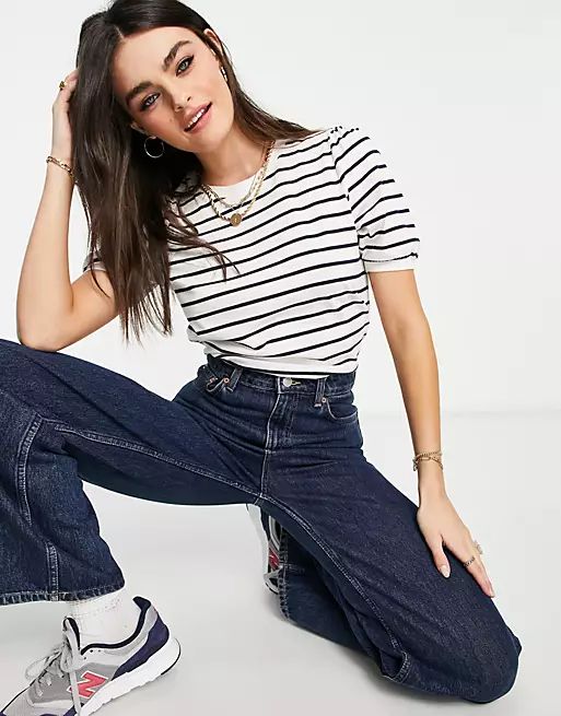 French Connection striped puff sleeve t shirt in black and white | ASOS (Global)