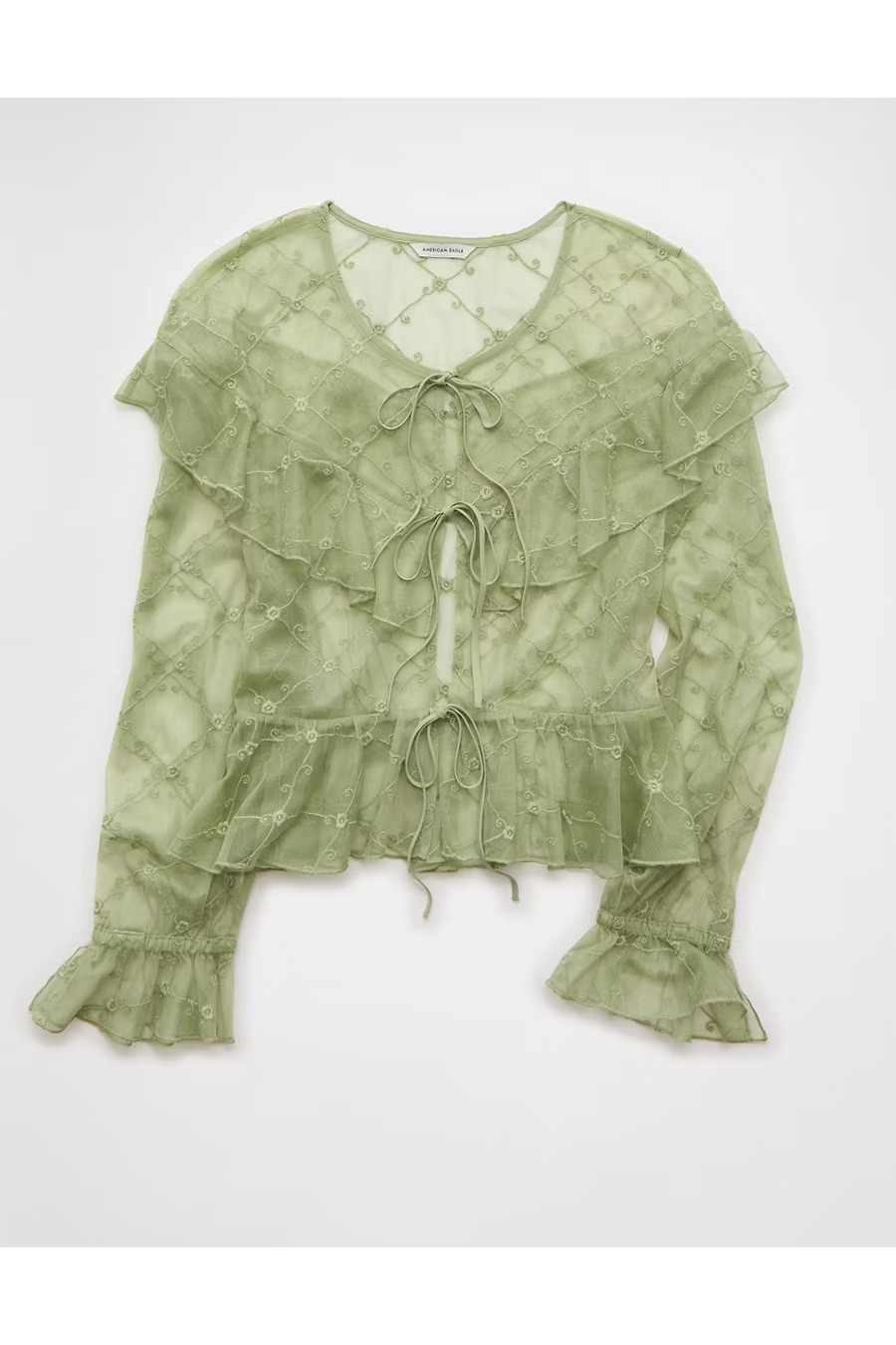 AE Embroidered Tie-Front Mesh Blouse Women's Green XXS | American Eagle Outfitters (US & CA)