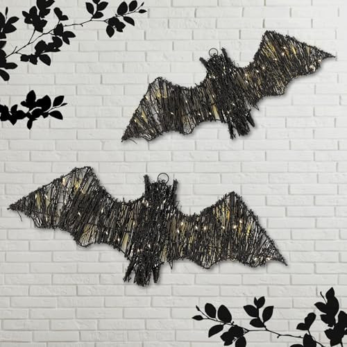 Glooglitter 2 Pack Rattan Bats with Hanging Loops Halloween Lights 3D Lit Woven Bats with Timer Remote for Rustic Modern Farmhouse Decorations | Amazon (US)