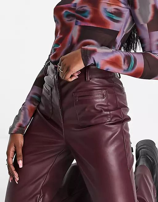 Miss Selfridge faux leather pocket front dad pants in burgundy | ASOS (Global)