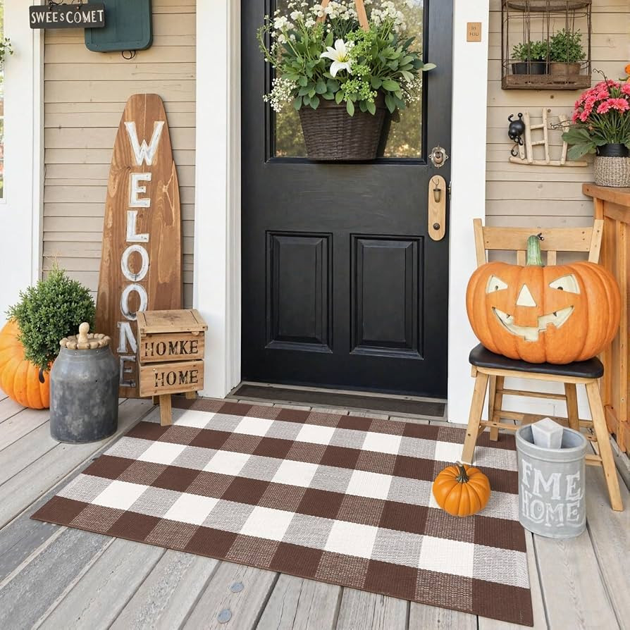 KIMODE Fall Decor Front Door Mat Buffalo Plaid Outdoor Rug 27.5"x43" Brown and White Checkered Ru... | Amazon (CA)