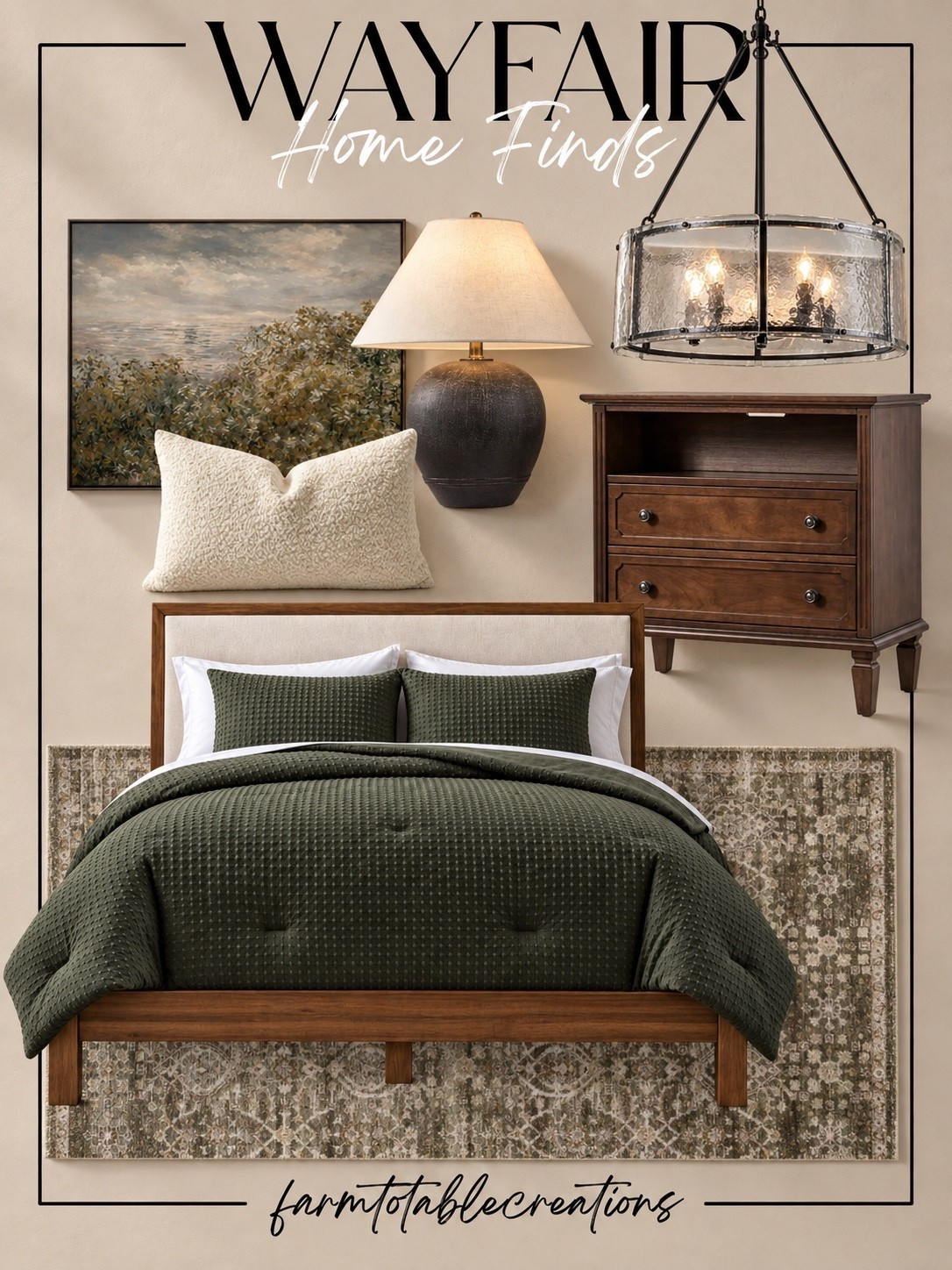Wayfair Bedroom Finds 🤎🌿

Create a cozy, elevated bedroom with these beautiful Wayfair finds! The rich olive green bedding paired with warm wood tones, a vintage-inspired rug, creamy boucle texture, and moody accents gives this space such a timeless, designer-inspired feel.

I love the mix of earthy green, walnut, black, and soft ivory—it feels warm and sophisticated without being overly styled. The statement chandelier and landscape artwork are the perfect finishing touches for a cozy bedroom refresh.

Follow @farmtotablecreations on Instagram for more cozy home finds and trending decor.#Wayfair #WayfairFinds #WayfairHome #BedroomInspo #BedroomDecor #CozyBedroom #NeutralHome #OliveGreen #EarthyHome #WarmNeutrals #DesignerInspired #HomeDecor #HomeInspo #LTKFinds

#LTKHome #LTKHome #LTKSaleAlert