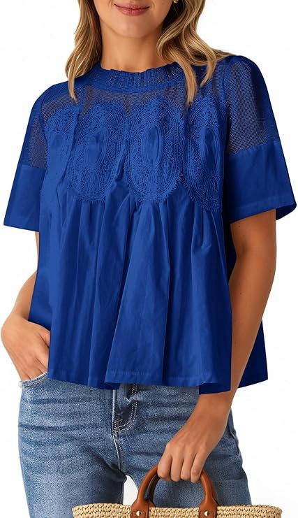 Cicy Bell Womens Babydoll Lace Blouses Short Sleeve Ruffle Crew Neck Peplum Tops Dressy Casual Lo... | Amazon (US)