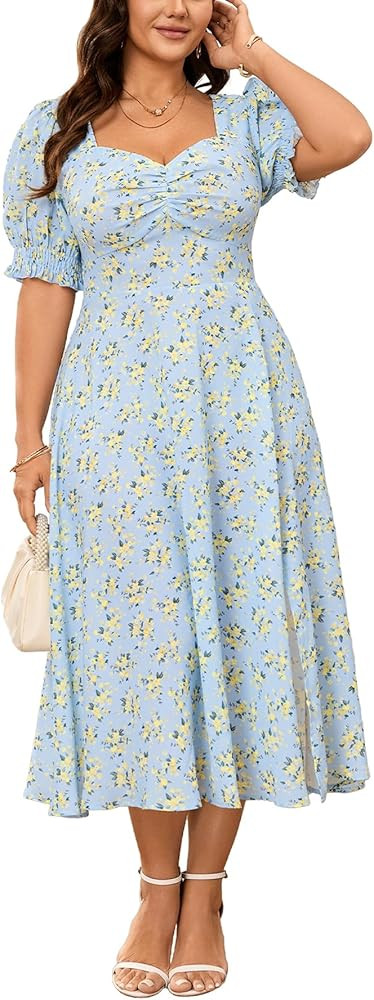 SCOMCHIC Plus Size Summer Dresses for Women Boho Floral Puff Sleeve Sweetheart Neck Ruched Bust F... | Amazon (US)