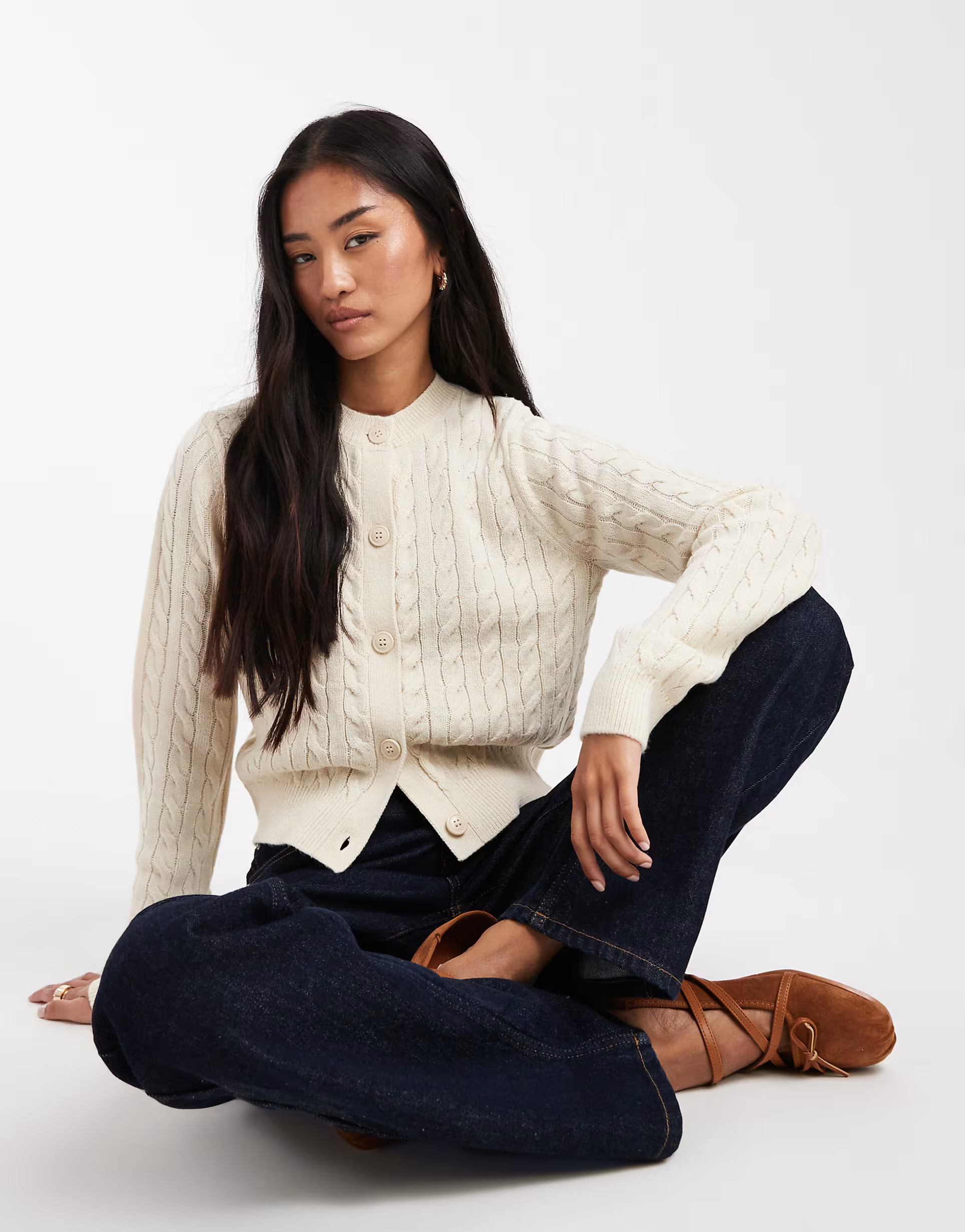 Miss Selfridge cable knit crew neck cardigan in cream | ASOS (Global)