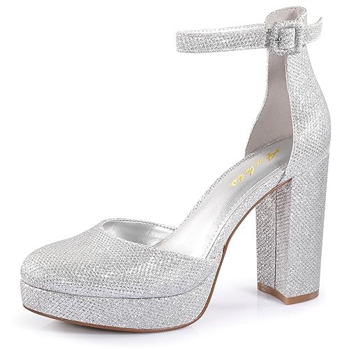 Ankis Silver Glitter 4 Inch Platform Heels for Women, Dx2303 Pump Shoe, Polyurethane (PU) Material, Memory Foam Insole, Closed Toe, Formal, Size 11 | Amazon (US)