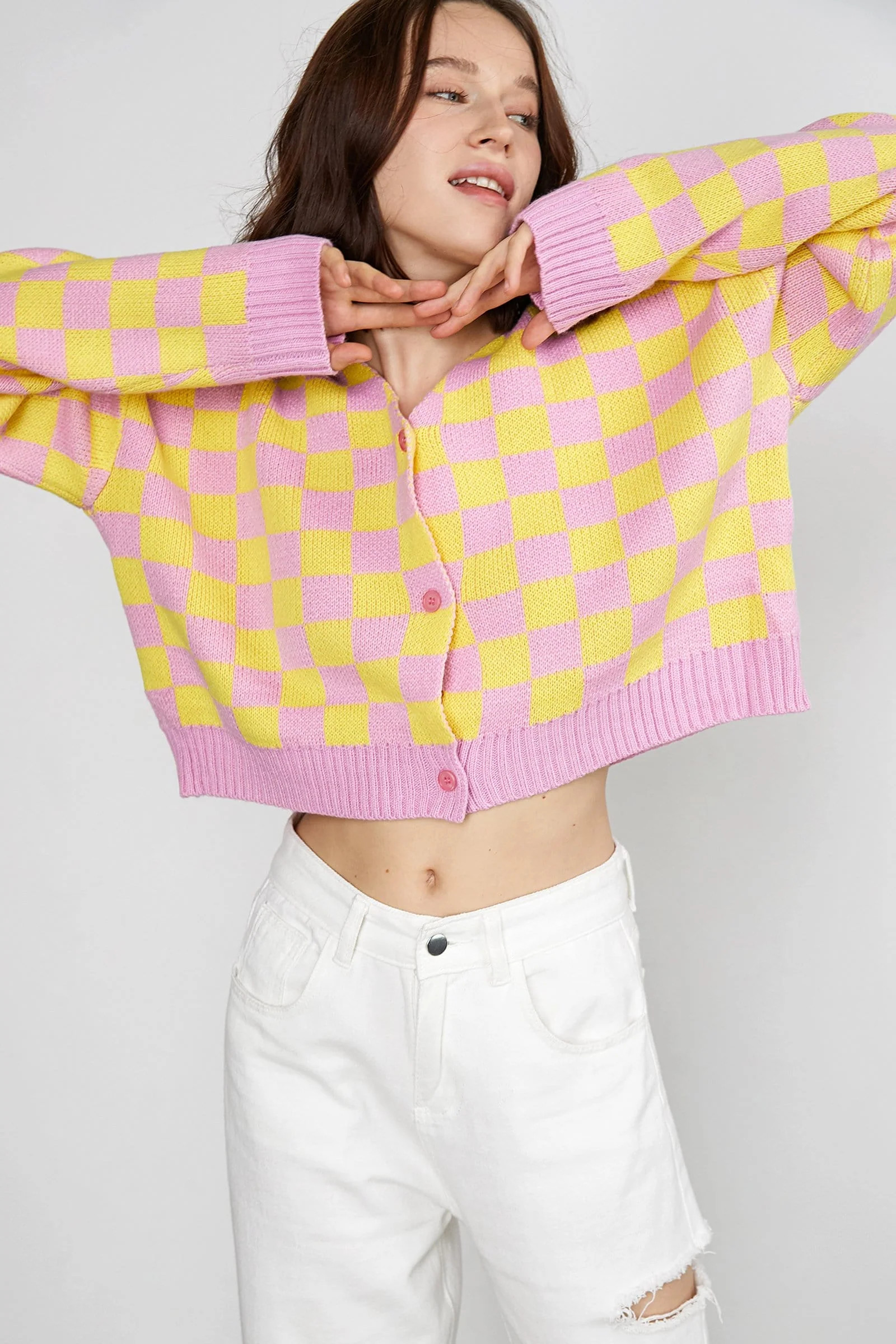 Aniceta Yellow Checkerboard Cardigan | J.ING
