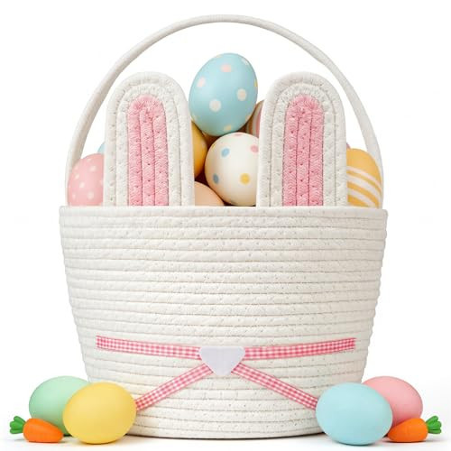 Easter Basket, Woven Easter Bunny Basket with Handle, Empty Gift Baskets Easter Egg Hunt Basket, First Easter Basket Easter Bucket with Detachable Ears for Girls Boys Teens (Pink White) | Amazon (US)