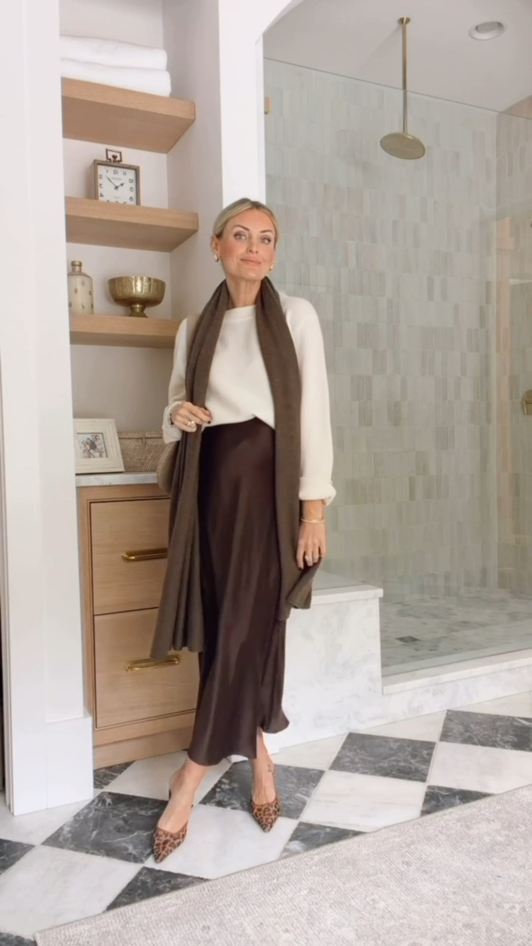 Winter outfit inspo 💕 these pieces are timeless closet staples! Wearing S. 

Loverly Grey, Quince, cashmere sweater, white sweater, brown satin skirt, brown slip skirt, brown silk skirt, cashmere wrap, winter fashion, winter outfit ideas 

#LTKBump #LTKSeasonal #LTKootd